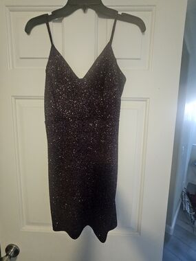 Glitter V-Neck Spaghetti Strap Mini Dress - Purple Sparkle